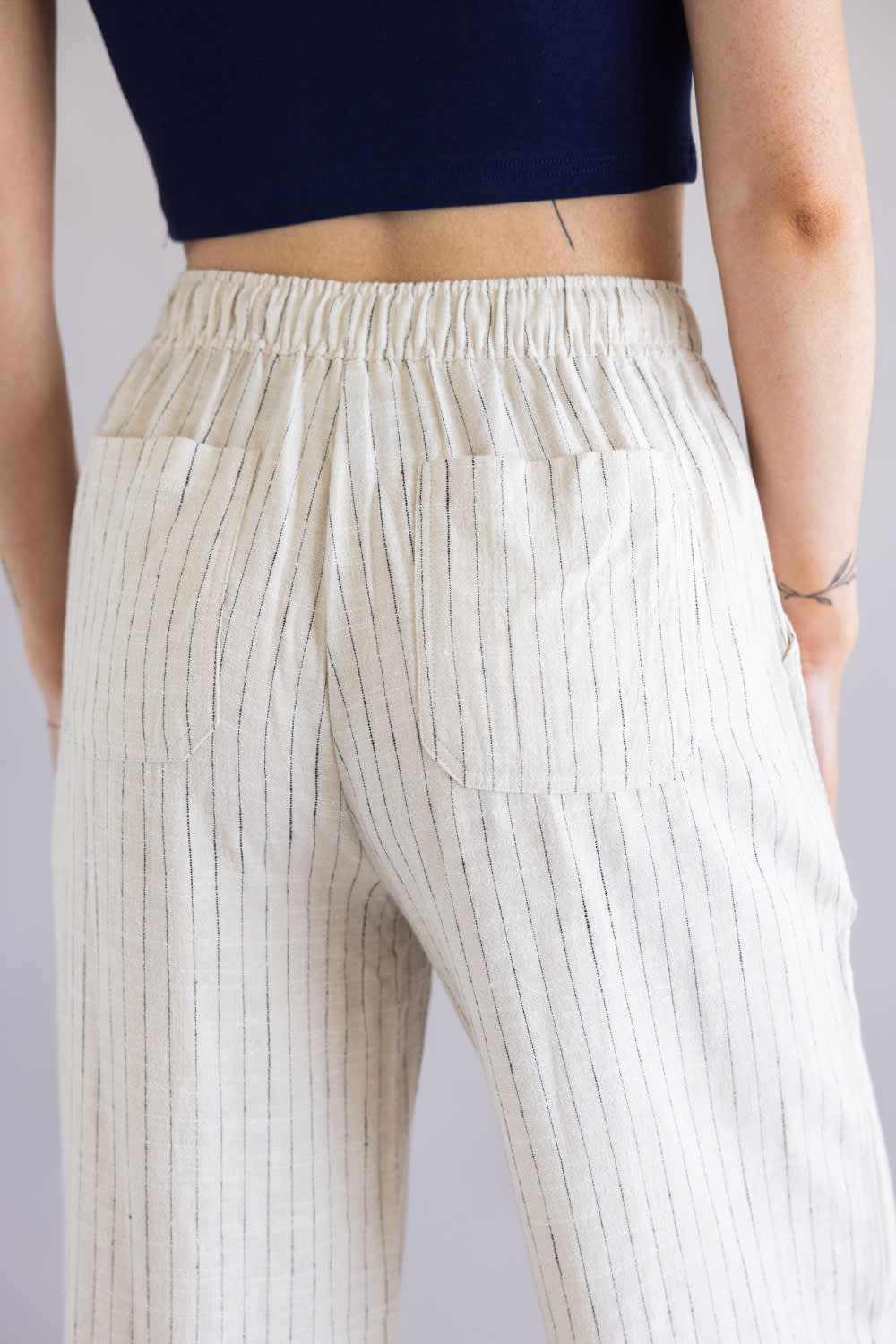 Striped Wide Leg Linen Pants for Women in Off White