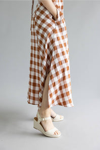 ACOA Gingham Midi Dress for Women in Brown/Ivory