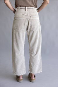 A person shown from the back wearing light beige wide-leg corduroy pants with a belt and back pockets, paired with brown sandals against a plain gray studio background.