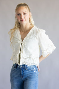 Embroidered Tie Front Top for Women in Ivory