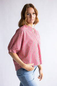 Gingham Split Neck Button Front Top for Women in Red
