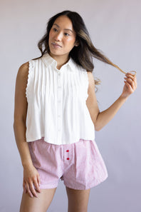Button Front Pintuck Linen Top for Women in Off White