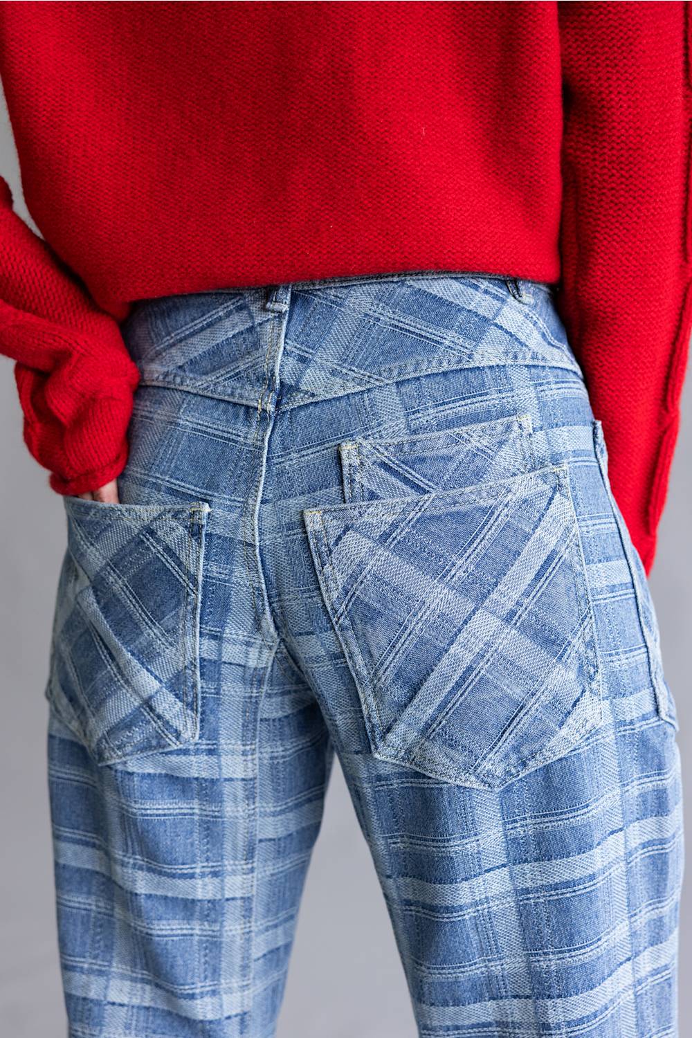 Aaron & Amber Drawstring Plaid Barrel Jeans for Women in Denim