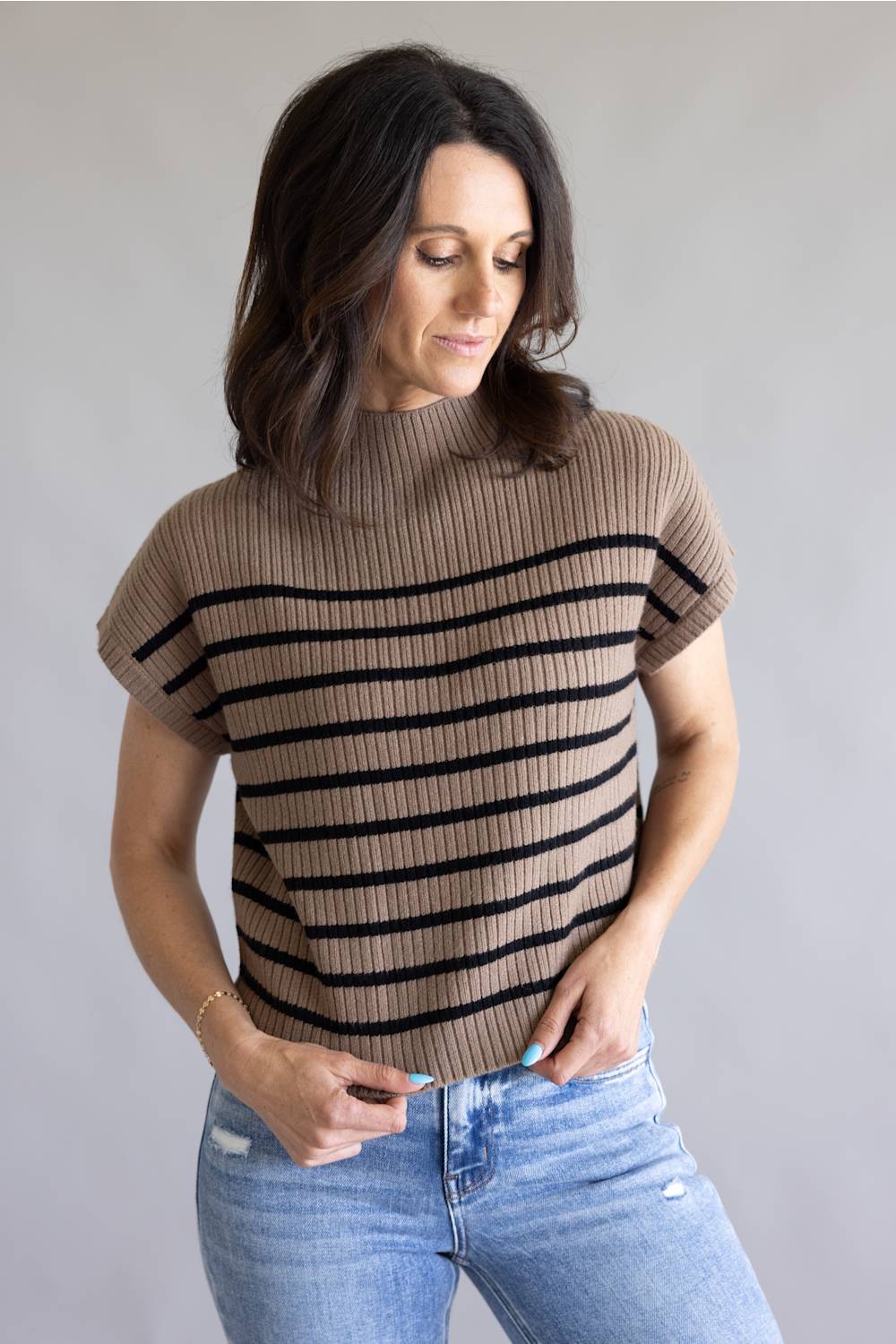 Blu Pepper Striped Mock Neck Sweater for Women in Mocha