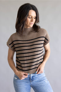 Blu Pepper Striped Mock Neck Sweater for Women in Mocha