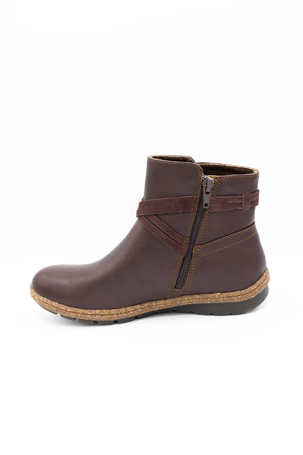 Brown leather boot with tan sole on a white background