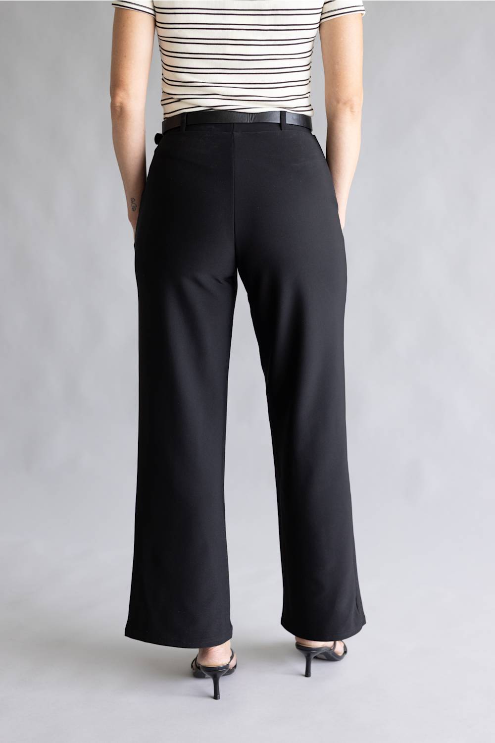 Belted Wide Leg Trouser Pants for Women in Black