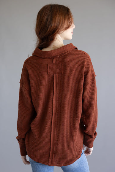 Blu Pepper Ribbed Knit Johnny Collar Polo Shirt for Women in Rust