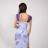 Mesh Floral Print Lace Detail Maxi Dress for Women in Light Blue