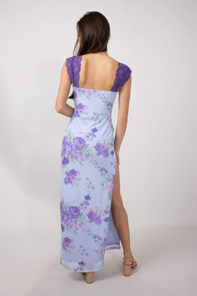 Mesh Floral Print Lace Detail Maxi Dress for Women in Light Blue