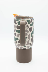 A travel tumbler with a brown base and a white body covered in a green and gray organic spot pattern. It features a brown handle, a brown lid with an orange flip-up straw, and a small circular logo on the side.