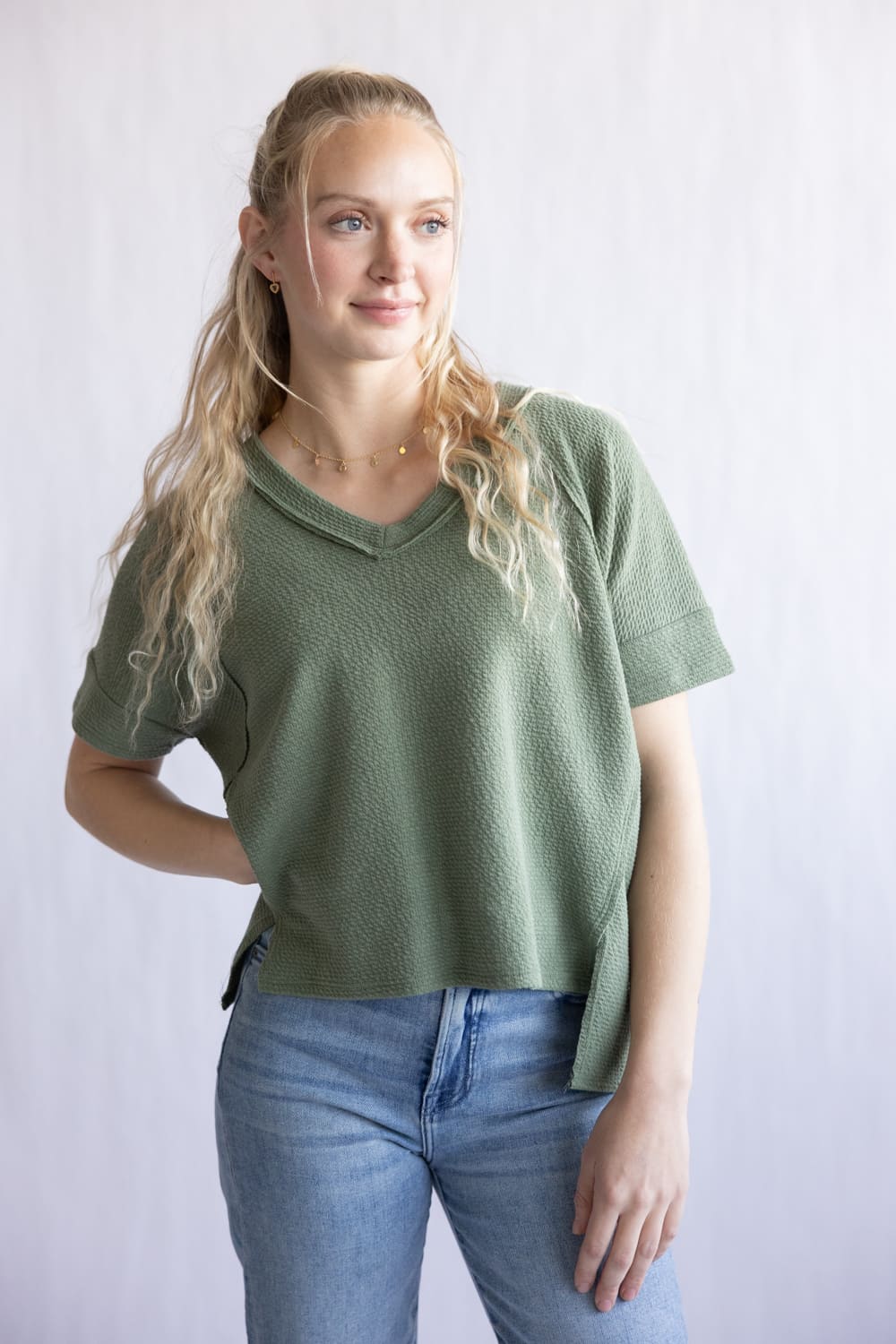 Textured V-Neck Seam Detail Top for Women in Olive