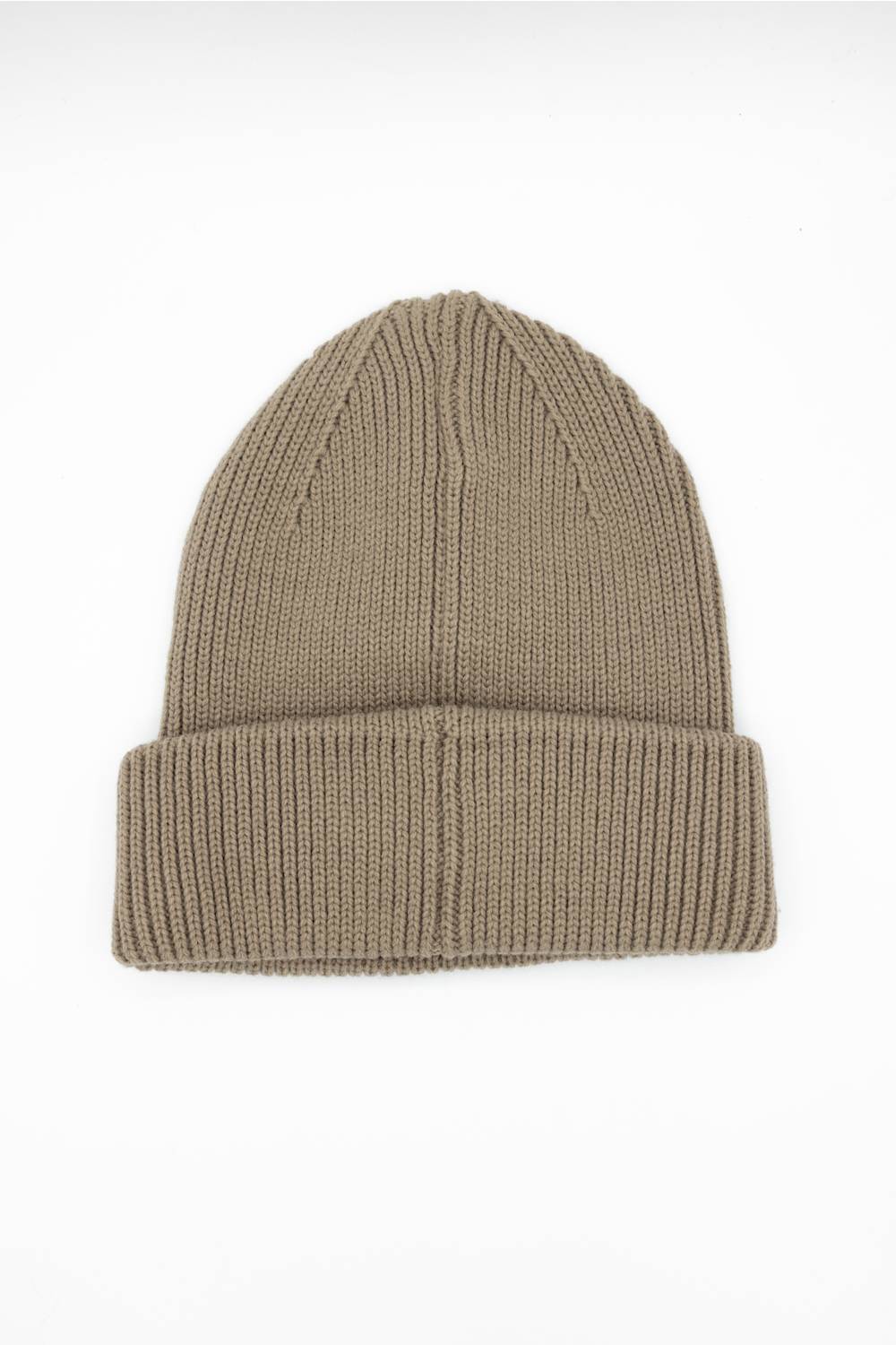 Front view of the Carhartt Cuffed Rib Knit Beanie in stone brown laid flat against a solid background.