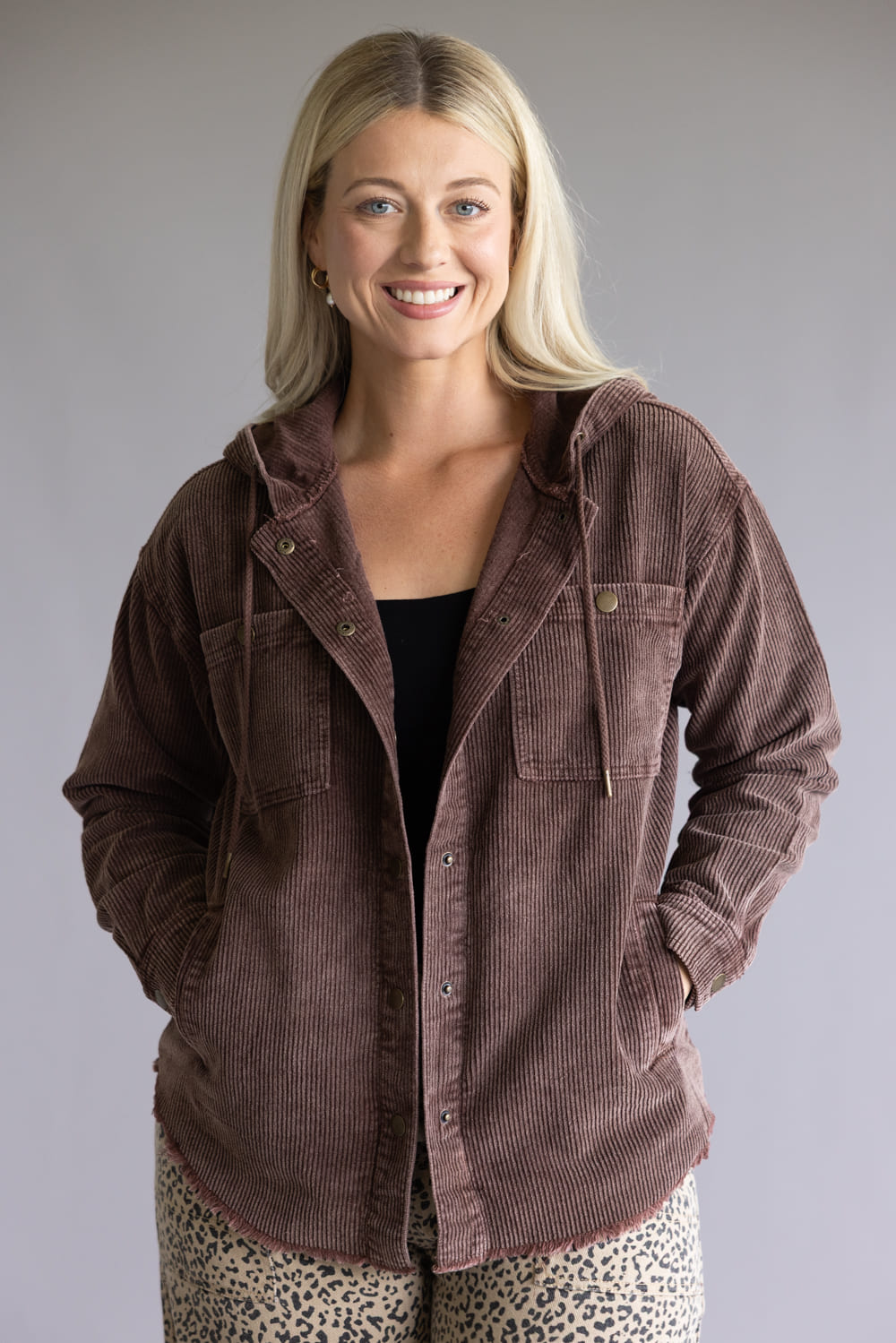 Corduroy Hooded Shacket for Women in Brown