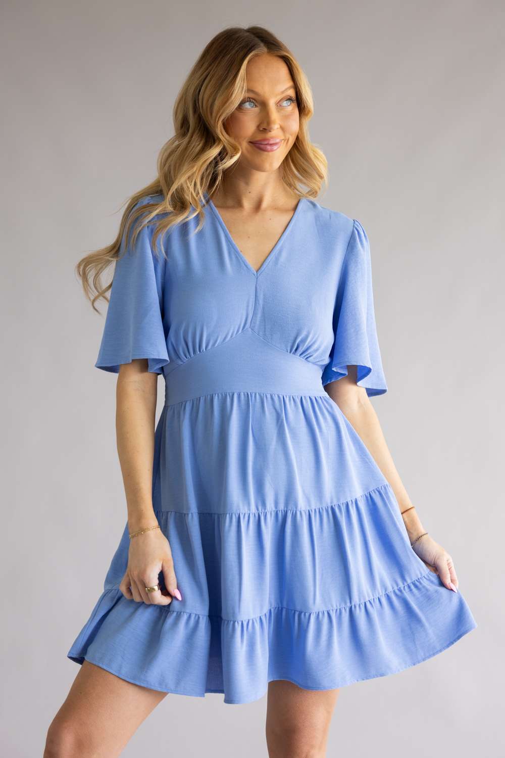 Tiered V-Neck Flyaway Dress for Women in Sky 