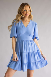 Tiered V-Neck Flyaway Dress for Women in Sky 