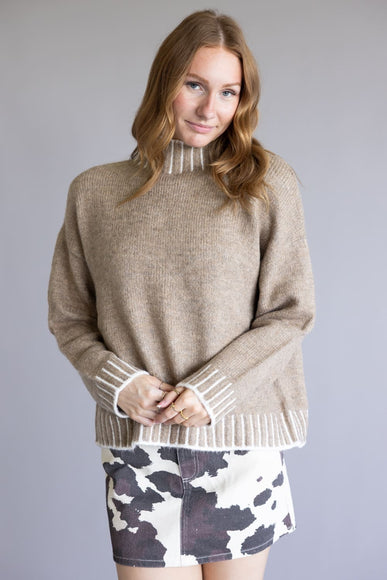 Elan Blanket Stitch Mock Neck Sweater for Women in Tan