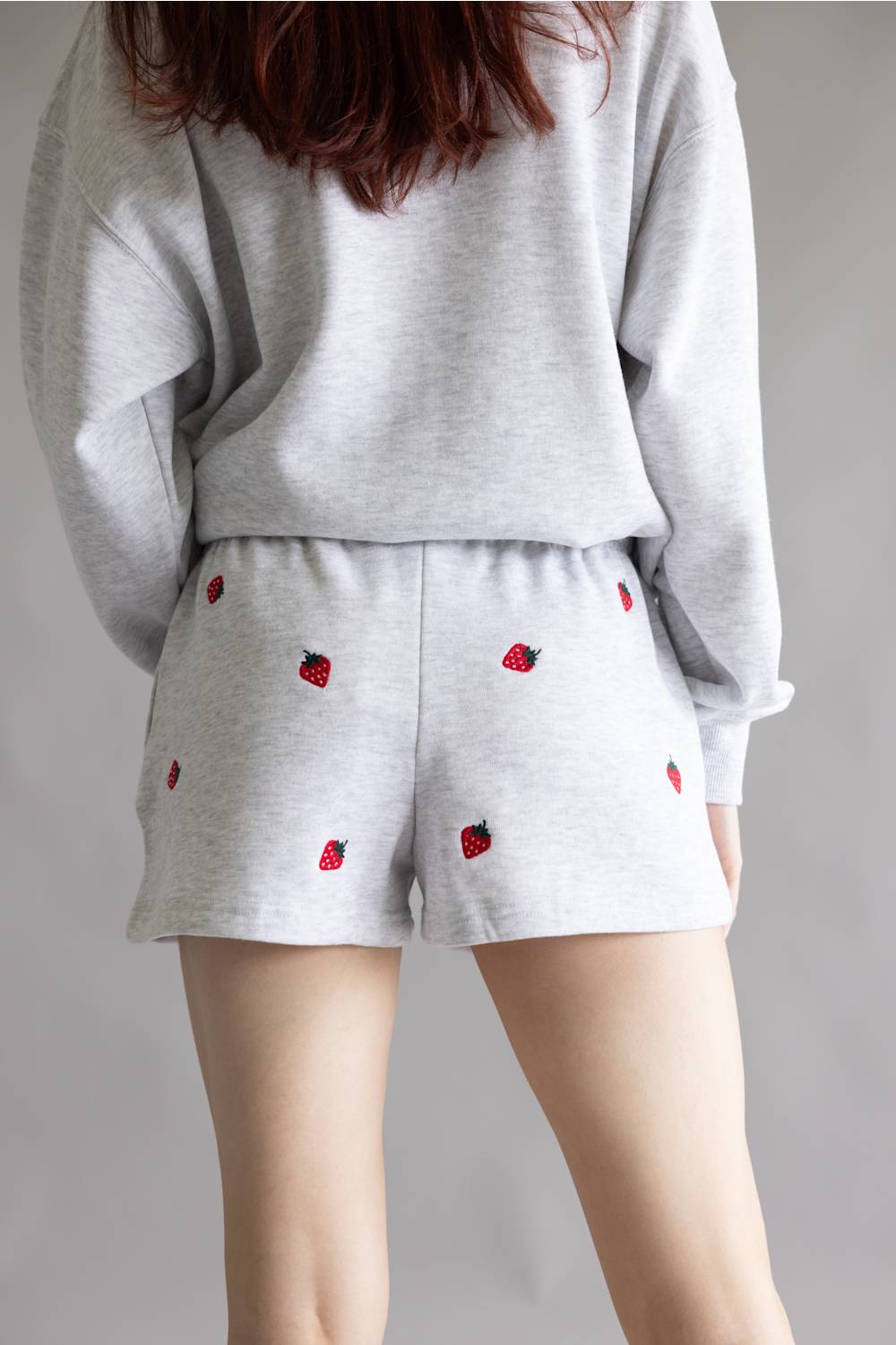 Embroidered Strawberry Fleece Shorts for Women in Ice Grey