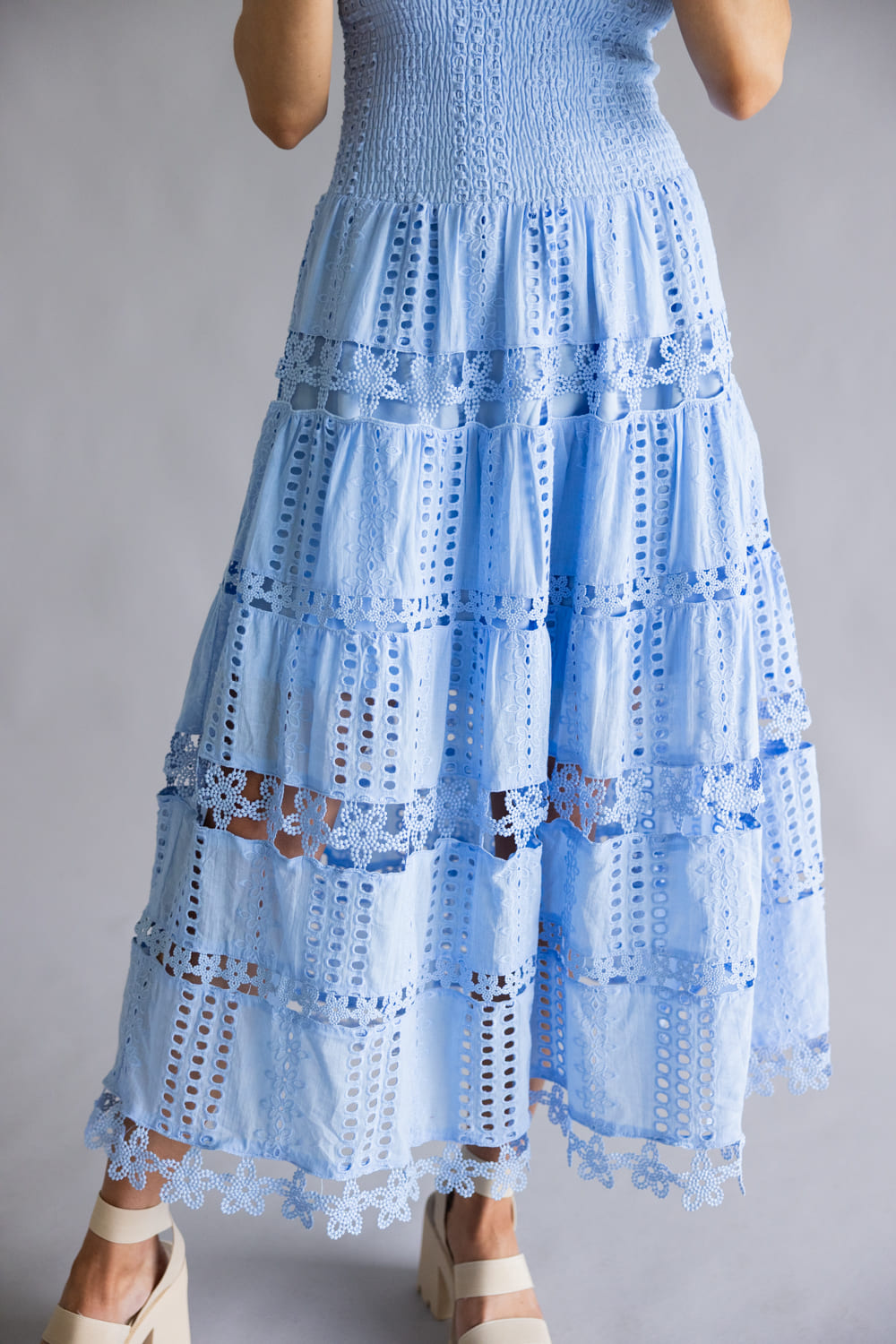 Eyelet Lace Strapless Midi Dress for Women in Blue
