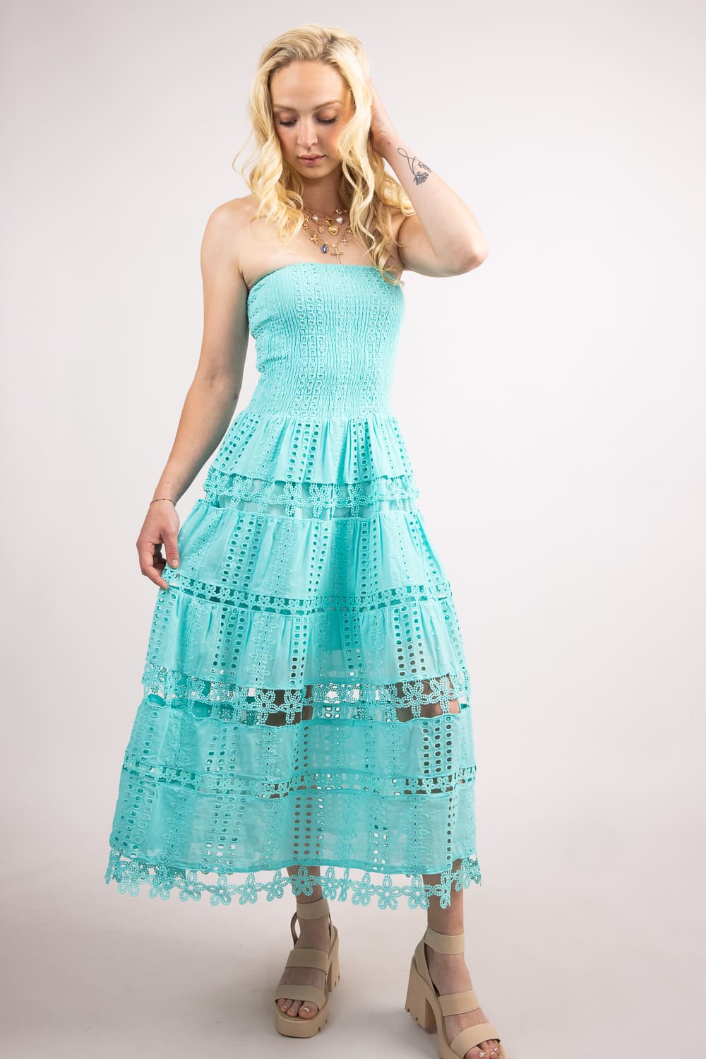 Eyelet Lace Strapless Midi Dress for Women in Tiffany Blue