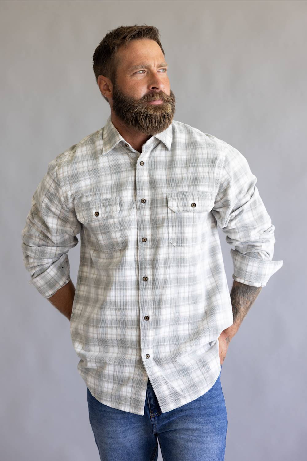 1897 Legends Corduroy Reverse Plaid Flannel Shirt for Men in Ecru Olive | F13004-ECRUOLIVE