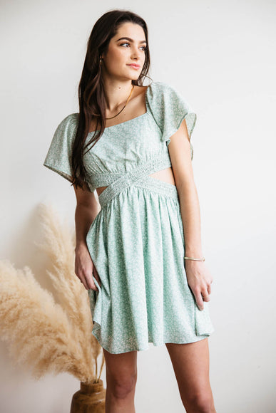 Cutout Short Sleeve Dress for Women in Sage Floral