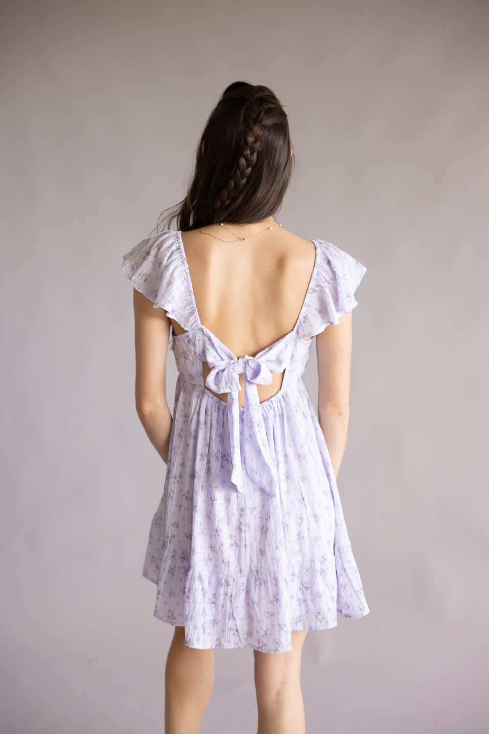 Floral Flutter Sleeve Dress for Women in Lilac