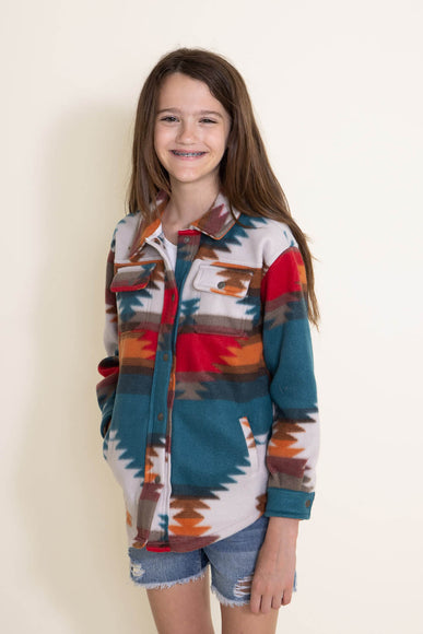 Youth Polar Fleece Shacket for Girls in Red Aztec