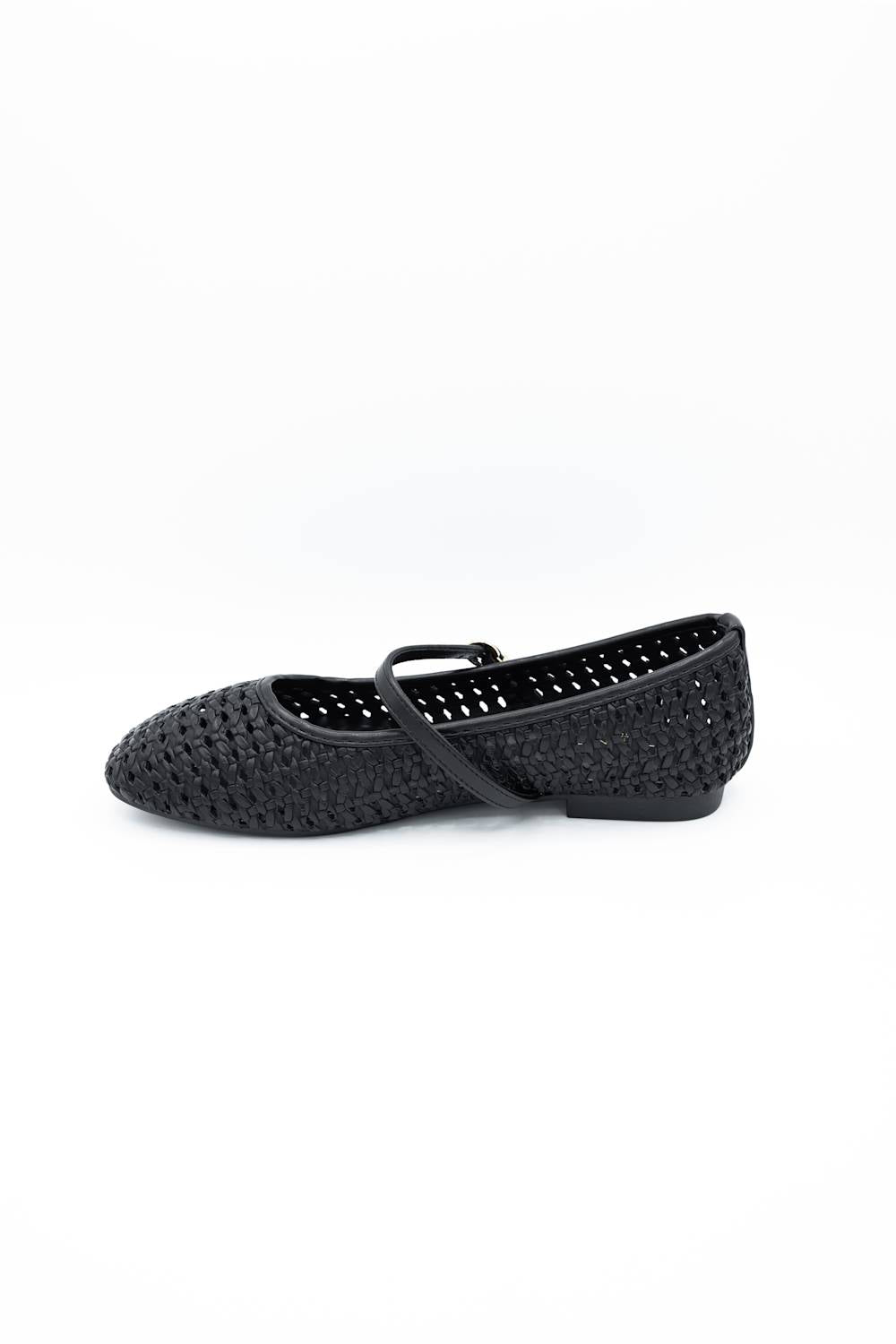 Image of a singular woven flat with a  strap across the ankle 