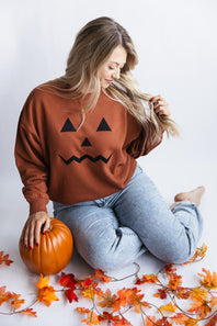 1897 Active Embroidered Pumpkin Face Sweatshirt for Women in Rust