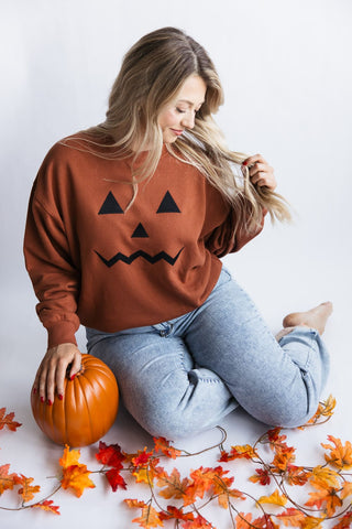 1897 Active Embroidered Pumpkin Face Sweatshirt for Women in Rust