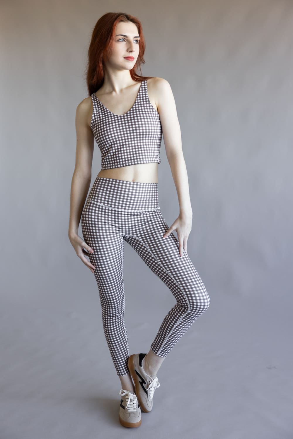 Gingham High-Rise Leggings for Women in Brown/White