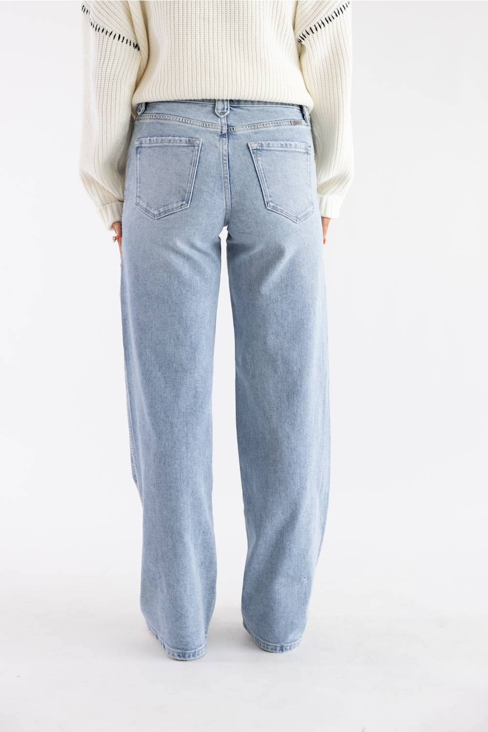 A person shown from the back wearing light-wash wide-leg jeans and a cream ribbed sweater against a plain white studio background.