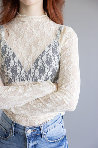 High Neck Lace Sheer Layering Top for Women in Champagne