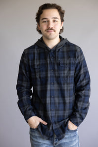 Hooded Plaid Flannel for Men in Navy Grey