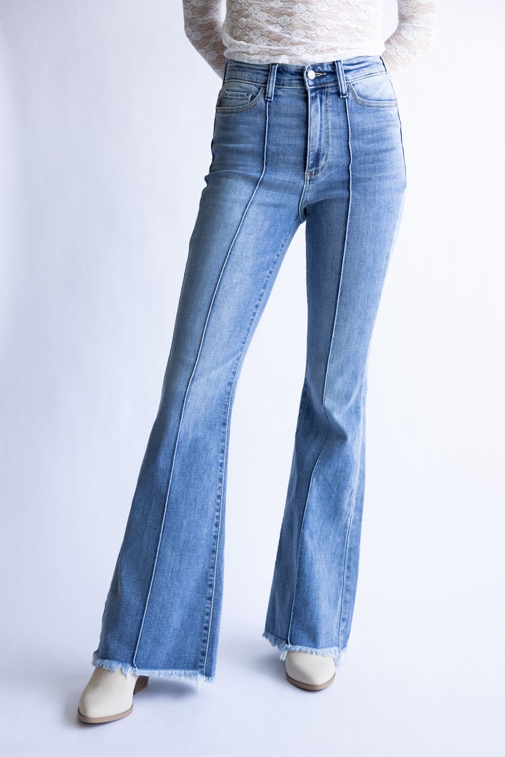 Judy Blue High Rise Pintuck Fray Hem Flare Jeans for Women