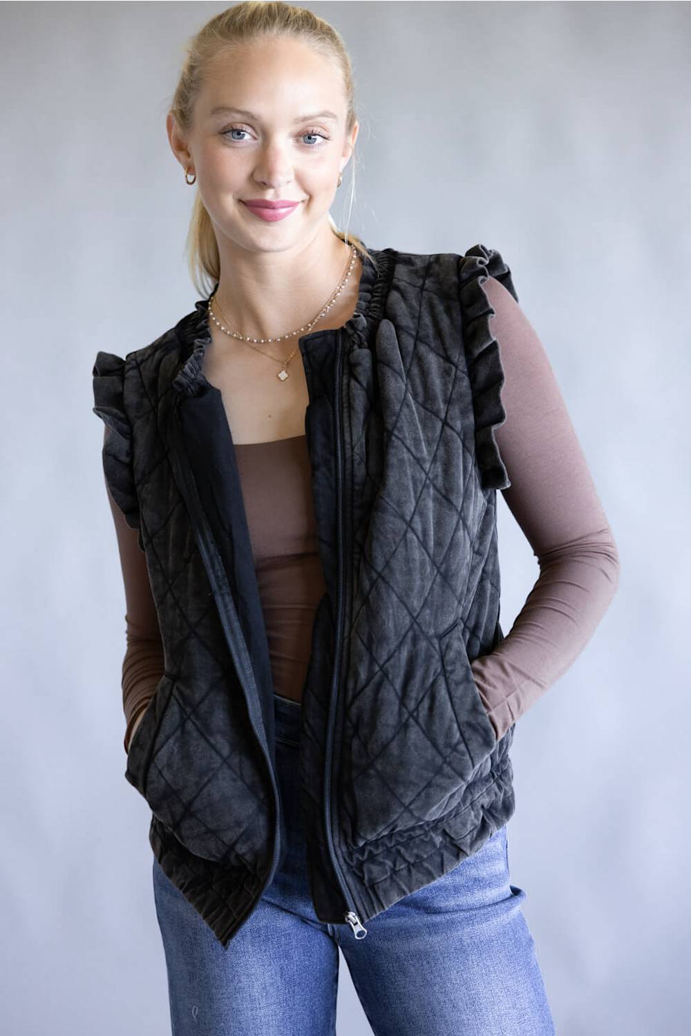 Katydid Garment Washed Quilted Vest for Women in Charcoal | KDC