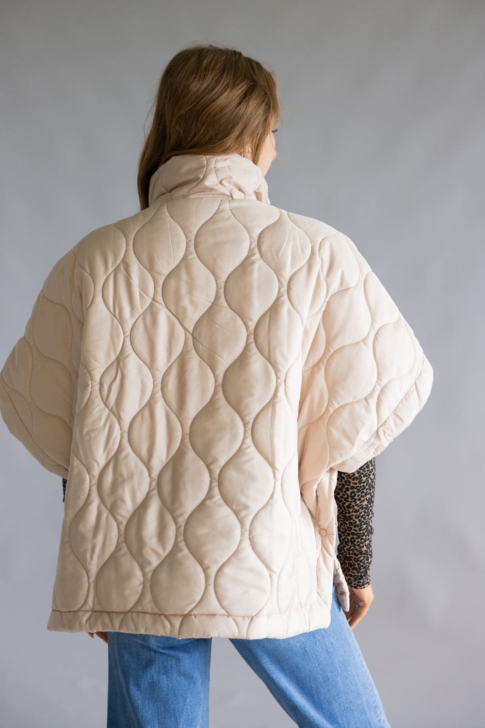 Quilted Puffer Poncho Quarter Zip for Women in Beige