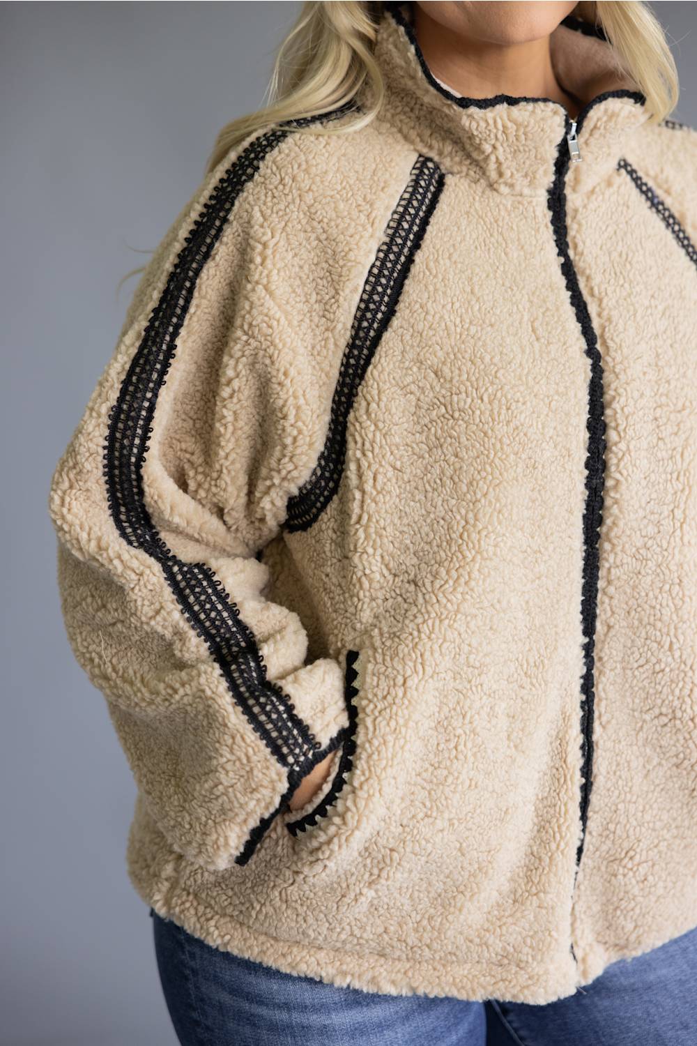 Katydid Sherpa Crochet Jacket for Women in Tan