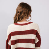 La Miel Striped Waffle Sweater for Women in Red Bean
