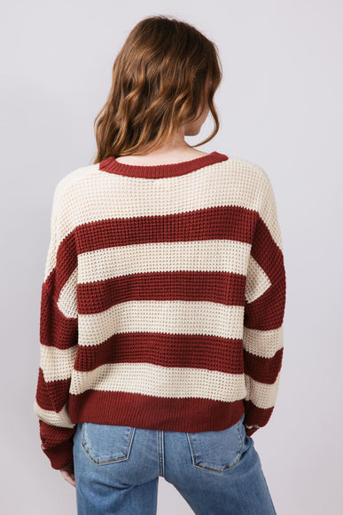 La Miel Striped Waffle Sweater for Women in Red Bean