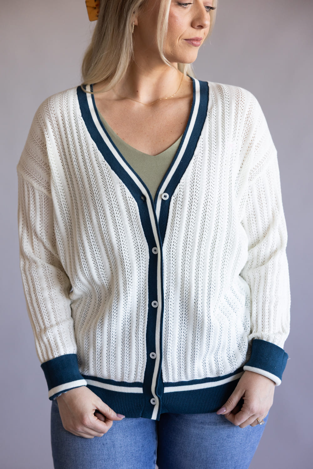 Simply Southern Oversized Long Varsity Cardigan for Women in White/Navy