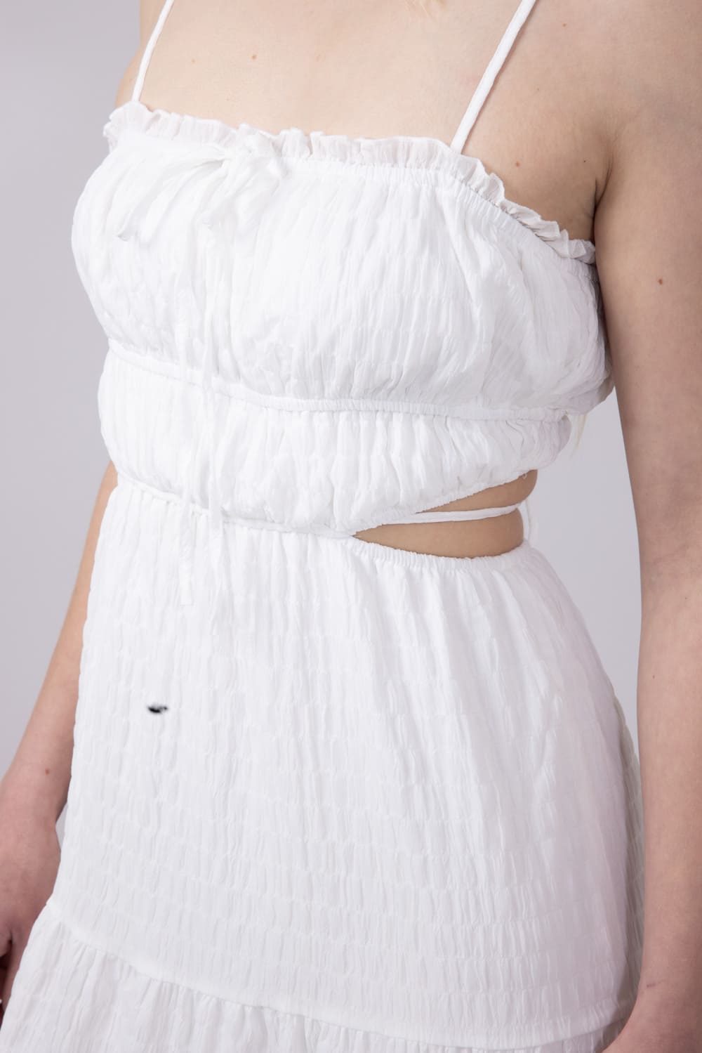 Ruffle Bodice Side Cut Out Dress for Women in White