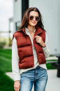 Thread & Supply Issey Cropped Puffer Vest for Women in Malbec Red 