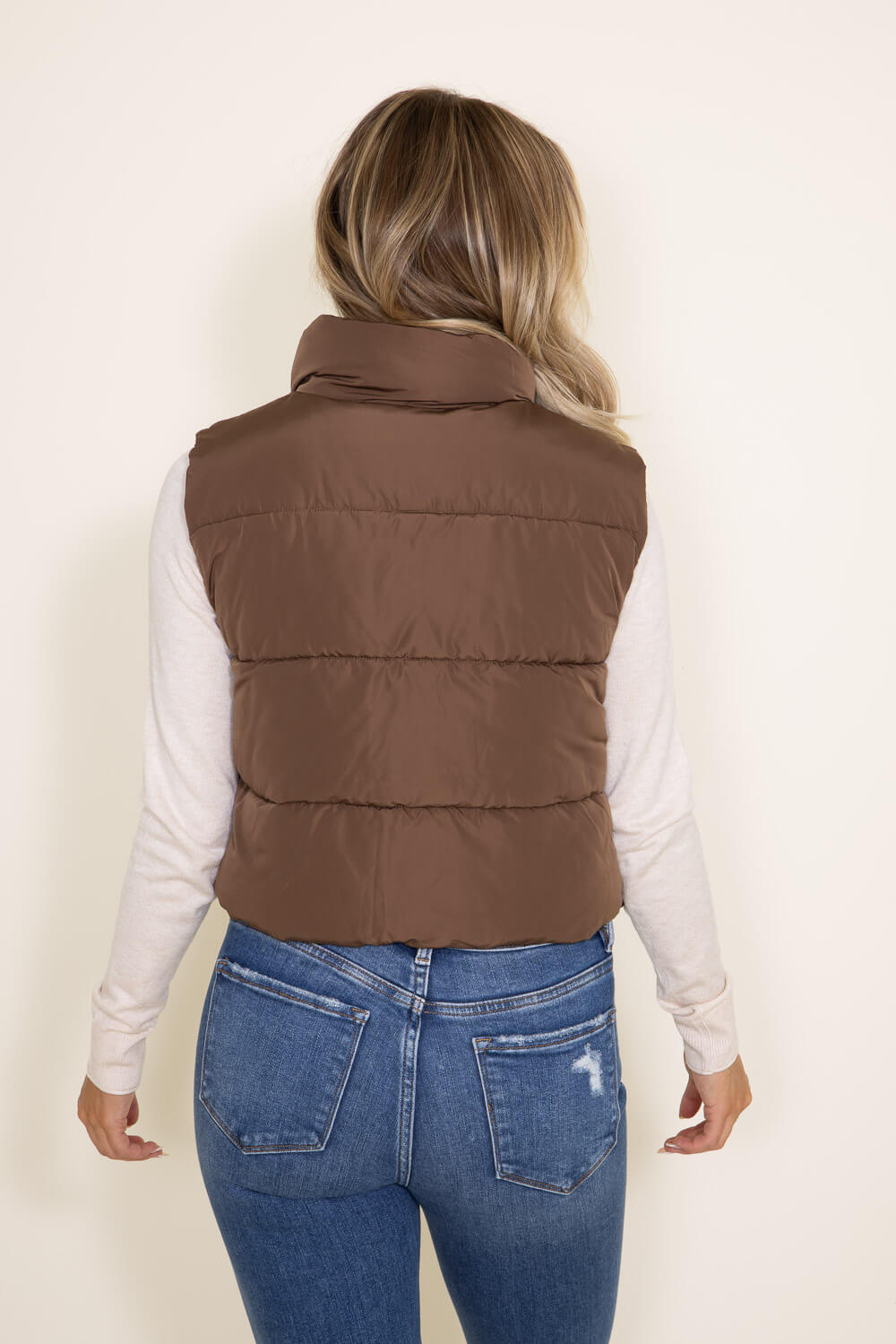 Love Tree Cropped Puffer Vest for Women in Brown