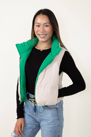 Love Tree Cropped Reversible Puffer Vest for Women in Green/Beige