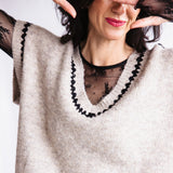 Aaron & Amber Embroidered V-Neck Sweater Vest for Women in Oatmeal