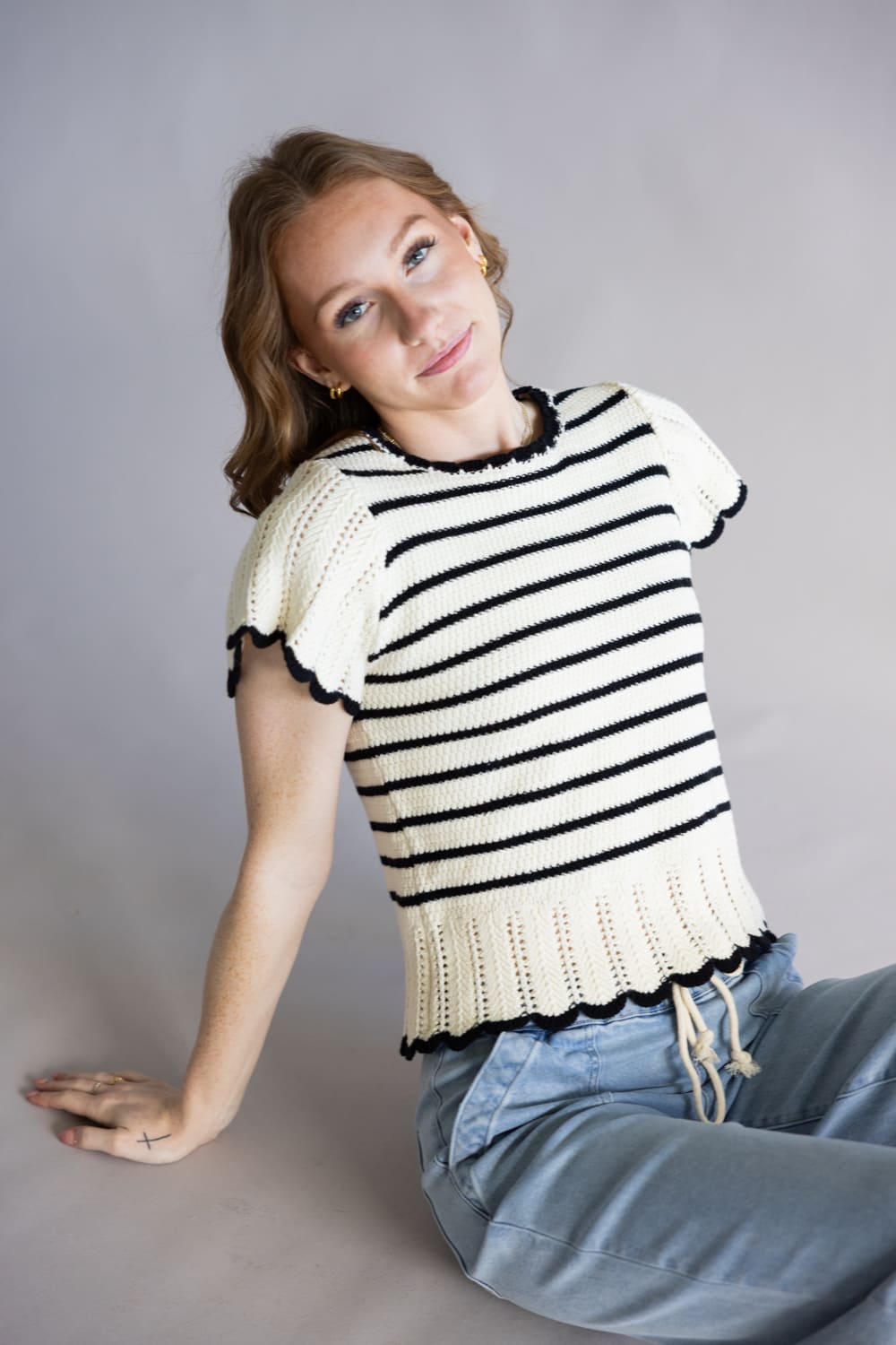 Crochet Striped Flutter Sleeve Sweater for Women in Natural/Black