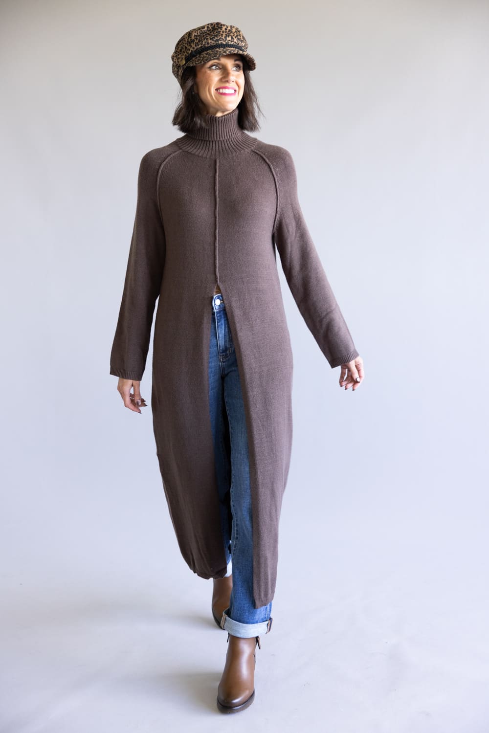 Turtleneck Tunic Sweater for Women in Brown