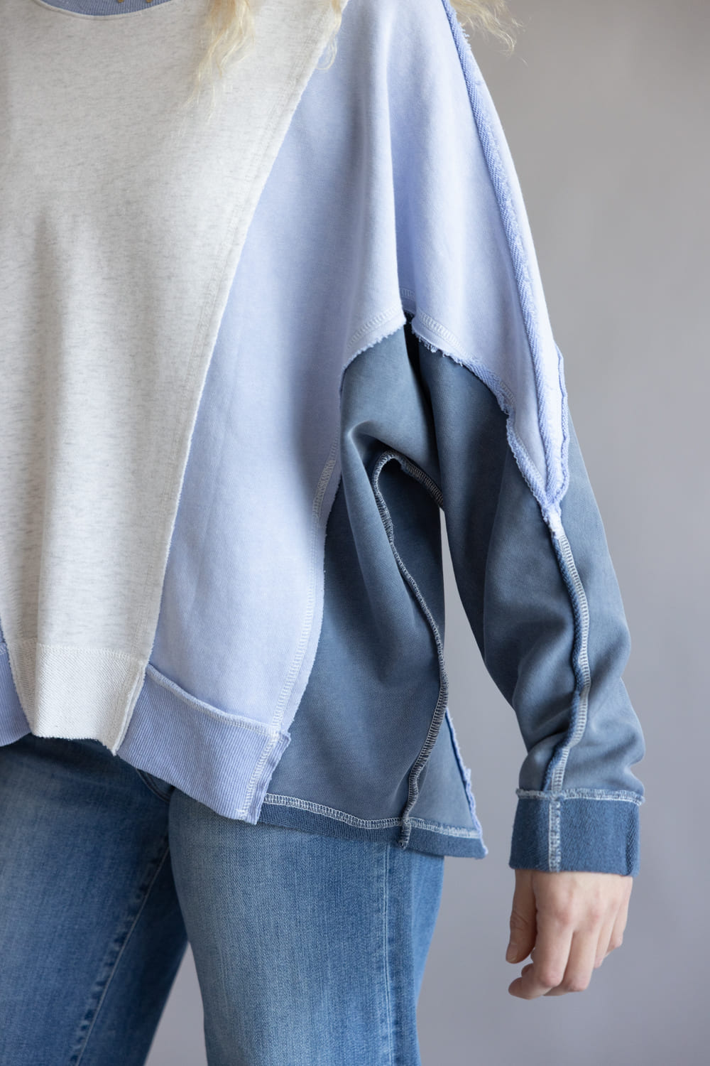 Mineral Wash Color Block Pullover for Women in Blue Combo 